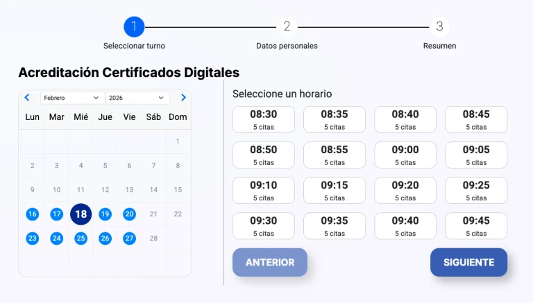 Selección de fecha y hora para reservar una cita en Gesturcit
